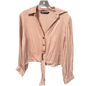 Zara Satin Effect Tie-Front Beige/Light Pink Blouse Size M
